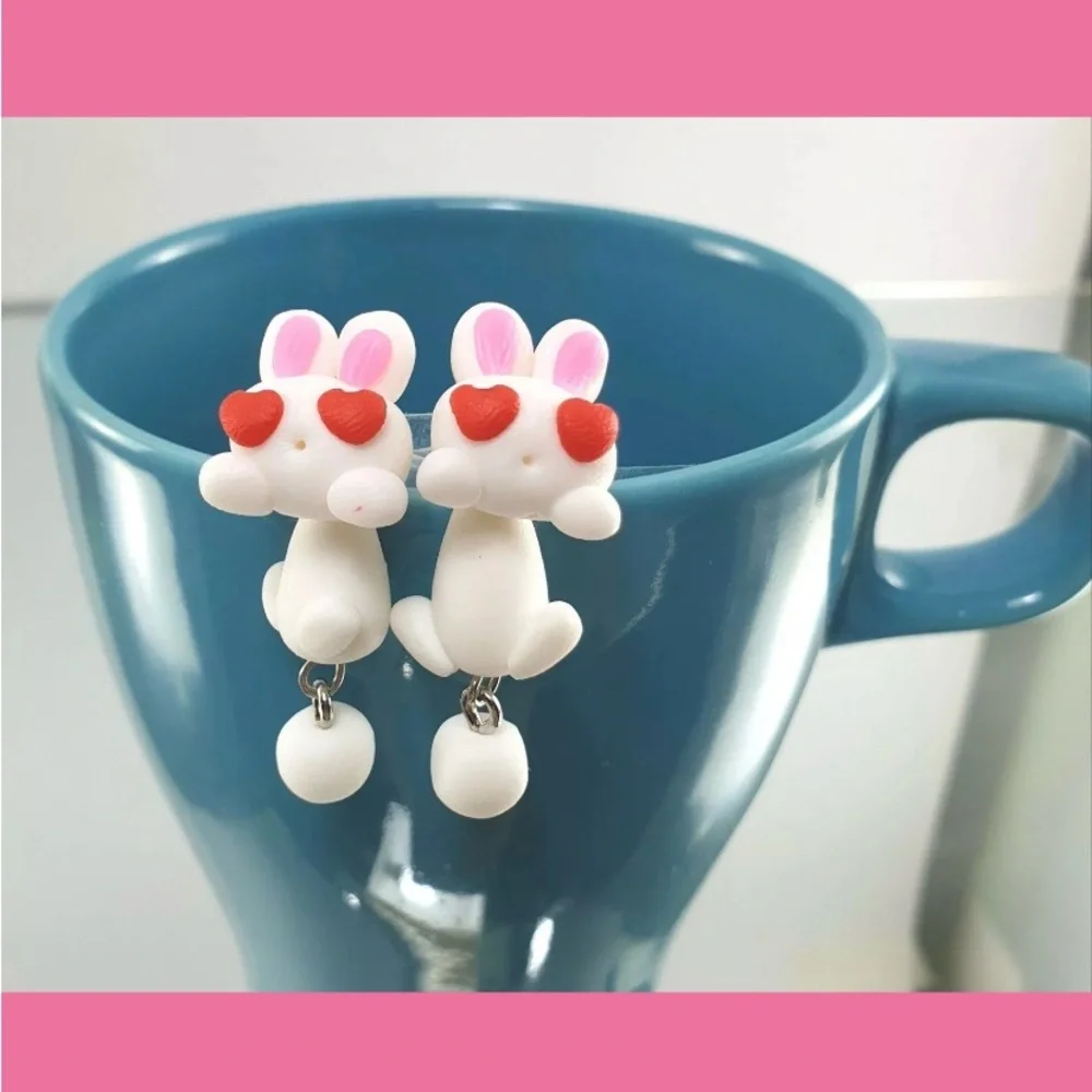 Charming Heart-Eyed Bunny Earrings in Red and White  ⭐️🆕⭐️ 2 for $14 item⭐️